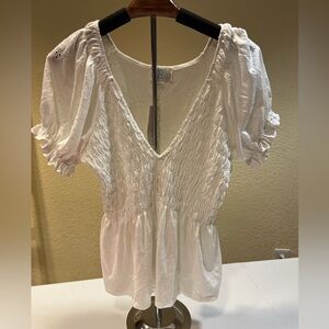 NWT Francesca's Jun & Ivy Collection. White Eyelet Smocked Peasant Top, Size L